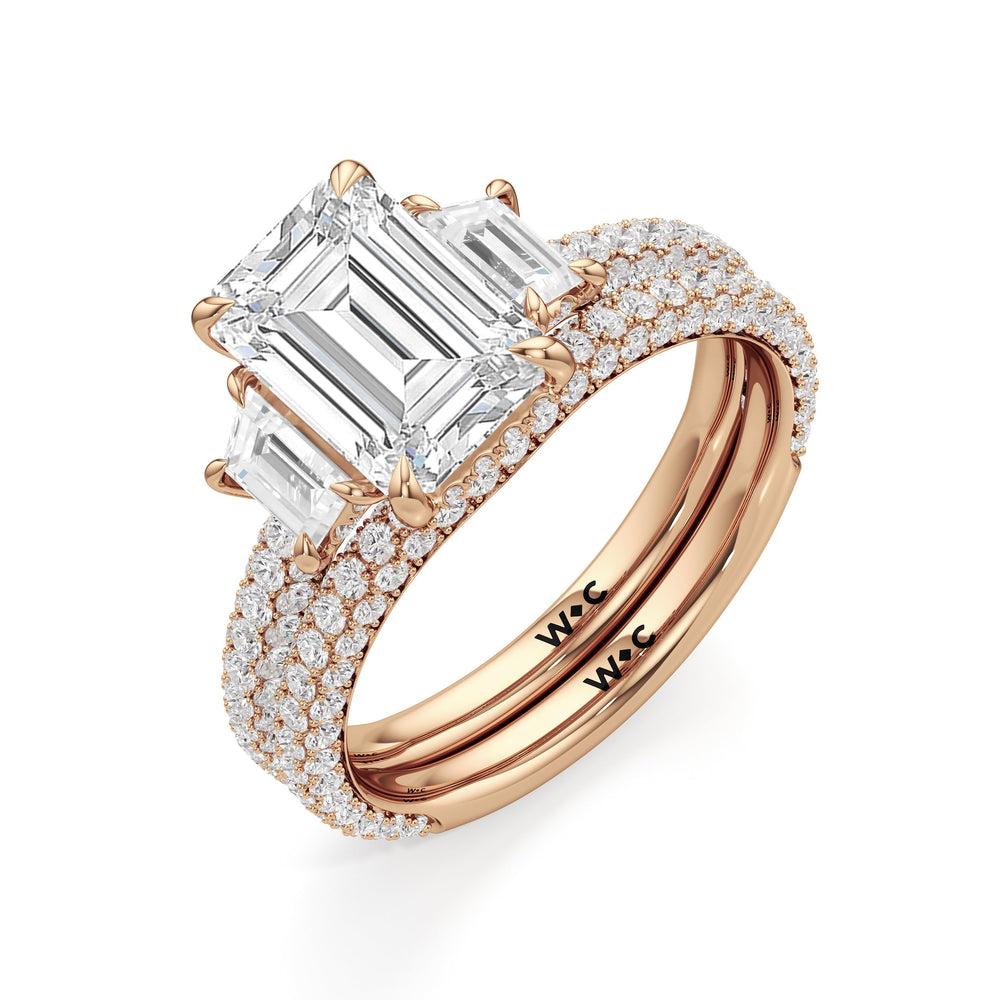 The Amelia Three Stone Engagement Ring with Emerald Cut Diamond in 14KT Rose Gold view 5
