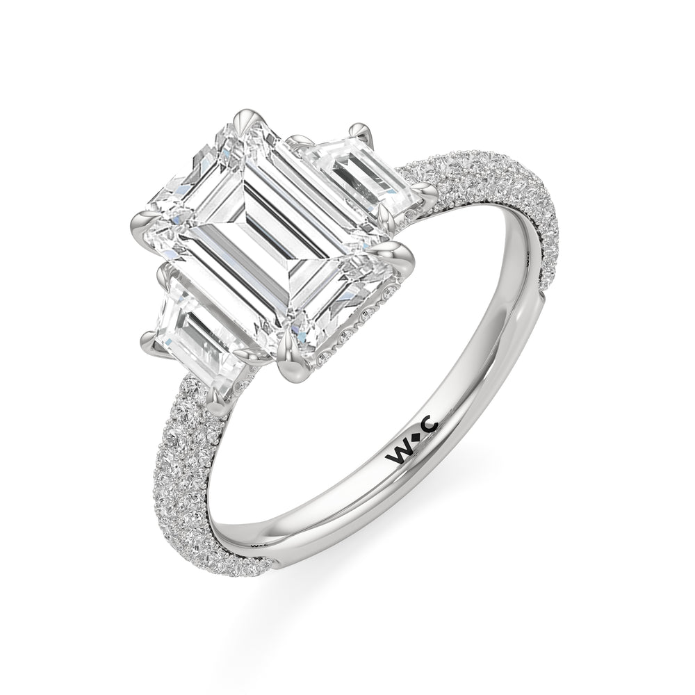 The Amelia Three Stone Engagement Ring with Emerald Cut Diamond in 14KT Platinum view 3
