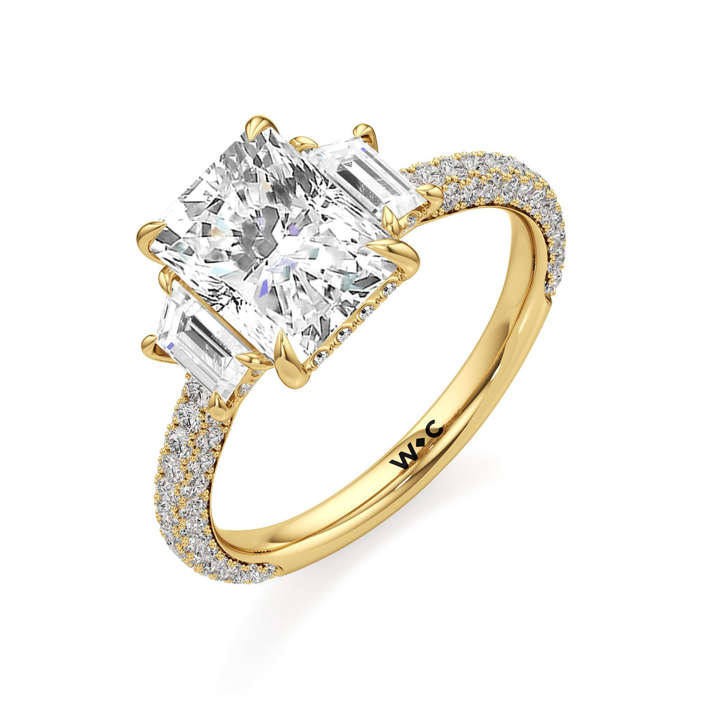 The Amelia Three Stone Engagement Ring with Radiant Cut Diamond in 14KT Yellow Gold view 4
