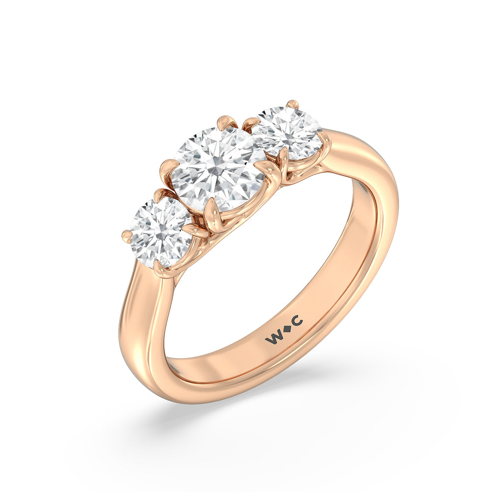 Three Stone Round Brilliant Cut Diamond Ring (F/G SI+) with 18KT Rose Gold / Natural / 2 Cut Diamond in 14KT Rose Gold / Natural / 2 view 3
