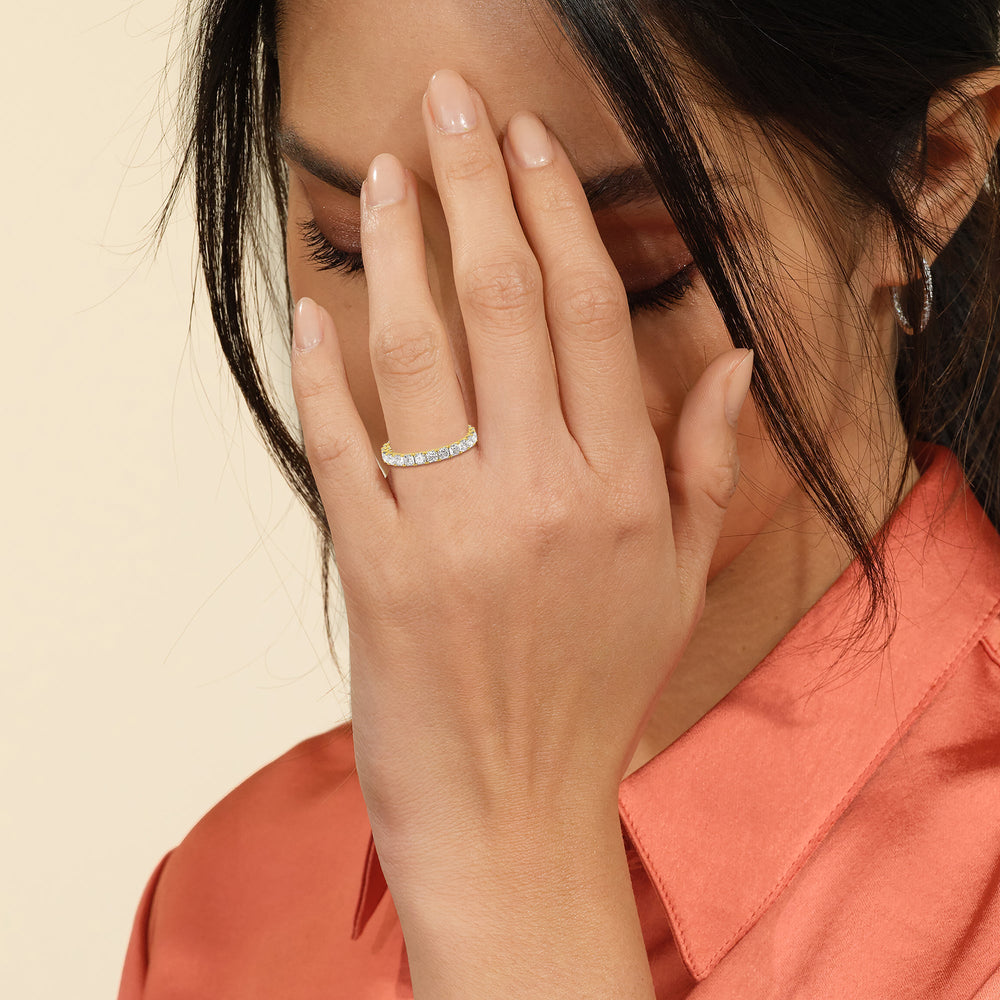 Model Wearing Princess Split Prong Studded Eternity Ring view
