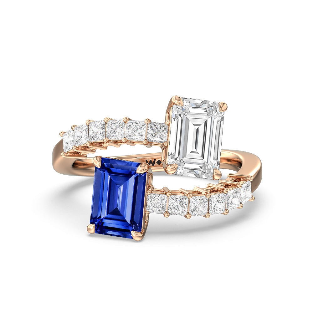 Toi Et Moi Bypass Created Sapphire and Emerald Studded Engagement Ring with 14KT Rose Gold Cut Diamond in 14KT Rose Gold view 1
