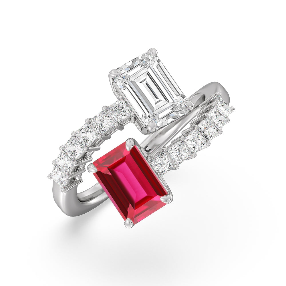 Toi Et Moi Bypass Created Ruby and Emerald Studded Engagement Ring with 14KT White Gold Cut Diamond in 14KT White Gold view 2
