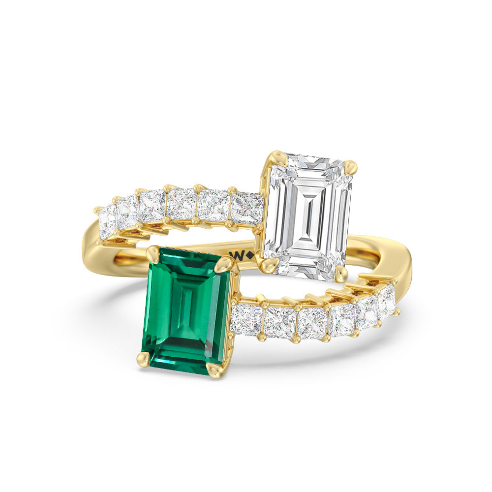 Toi Et Moi Bypass Created Emerald and Emerald Shape Studded Engagement Ring with 14KT Yellow Gold Cut Diamond in 14KT Yellow Gold view 1
