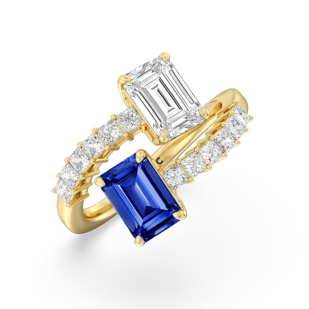 Toi Et Moi Bypass Created Sapphire and Emerald Studded Engagement Ring with 14KT Yellow Gold Cut Diamond in 14KT Yellow Gold view 2
