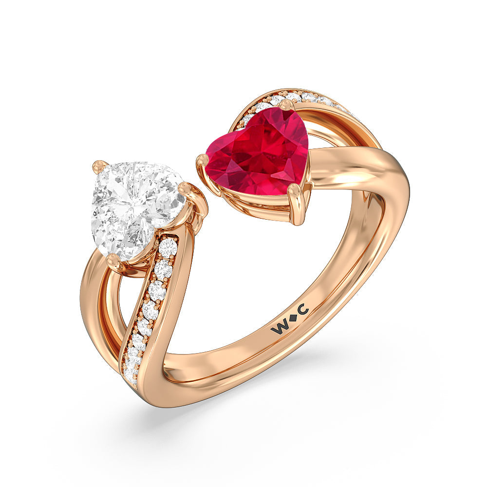 Toi Et Moi Created Ruby & Lab Diamond Heart Engagement Ring with 14KT Rose Gold Cut Diamond in 14KT Rose Gold view 2

