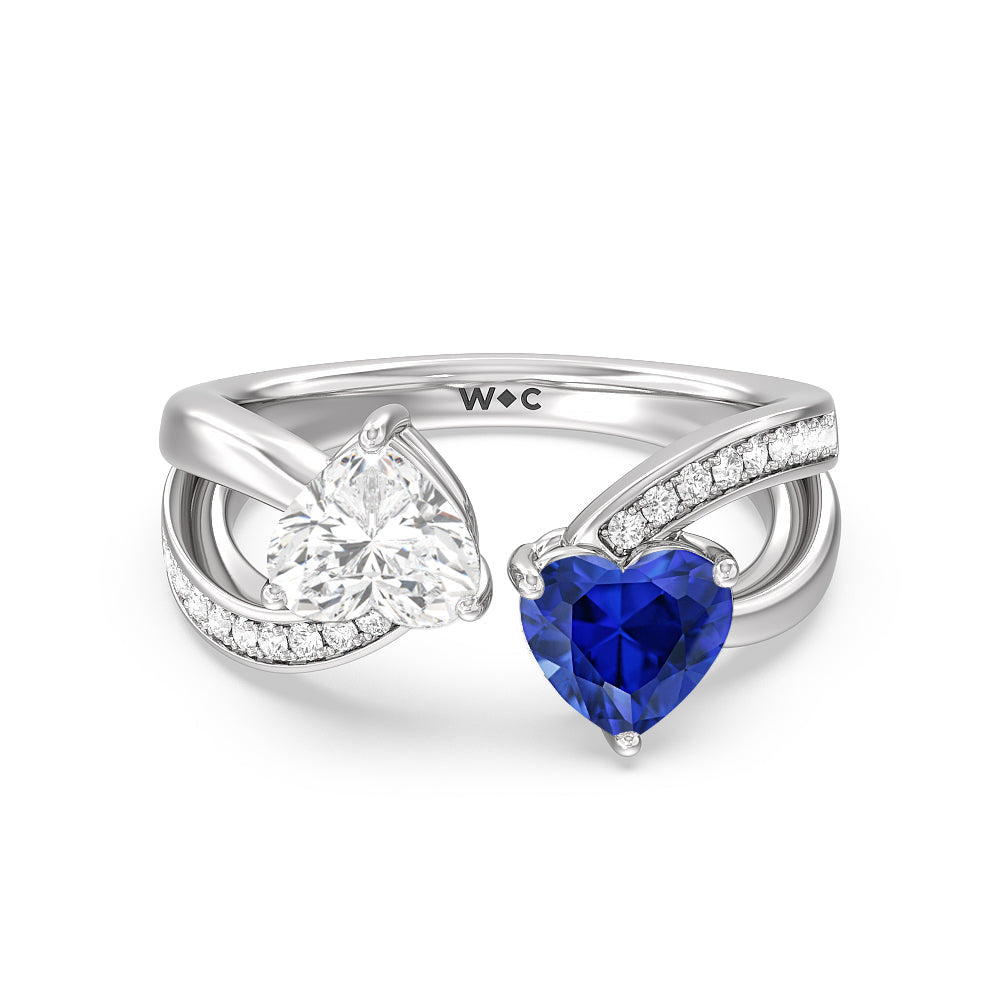 Toi Et Moi Created Sapphire & Lab Diamond Heart Engagement Ring with 14KT White Gold Cut Diamond in 14KT White Gold view 1
