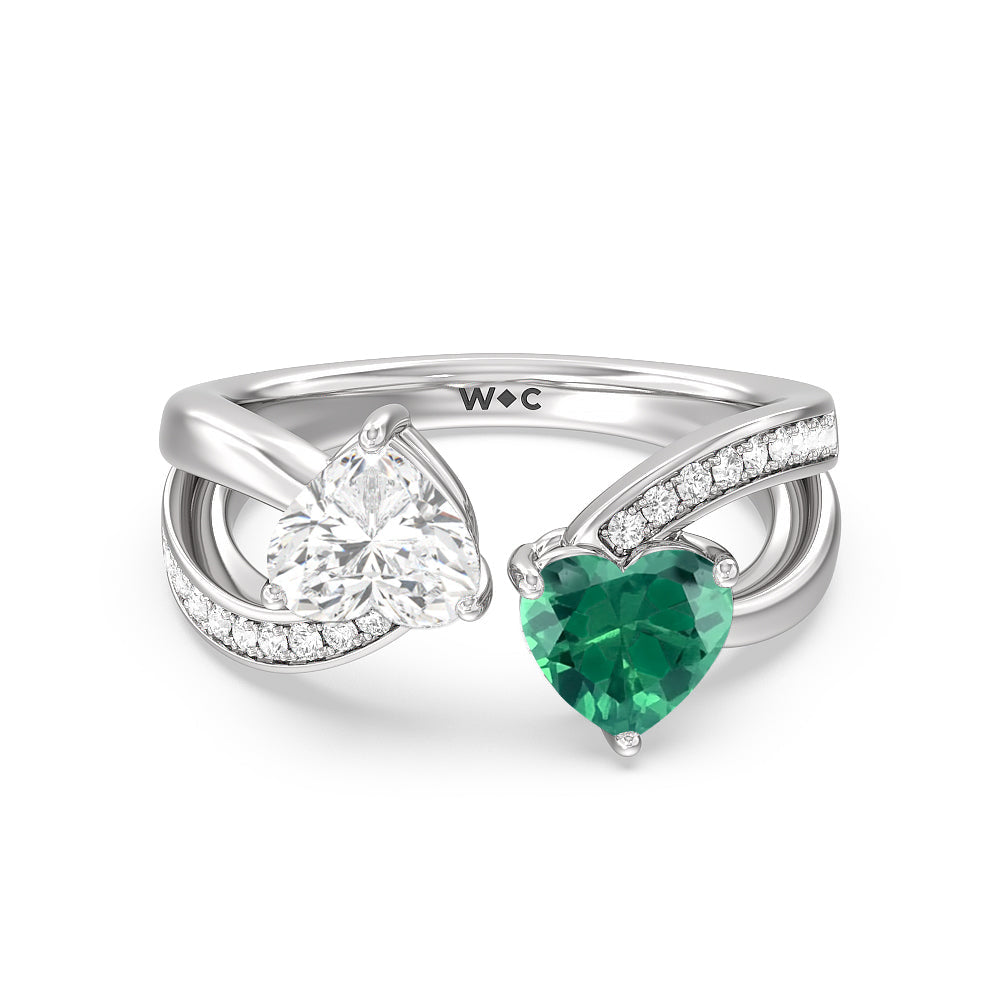 Toi Et Moi Created Emerald & Lab Diamond Heart Engagement Ring with 14KT White Gold Cut Diamond in 14KT White Gold view 1
