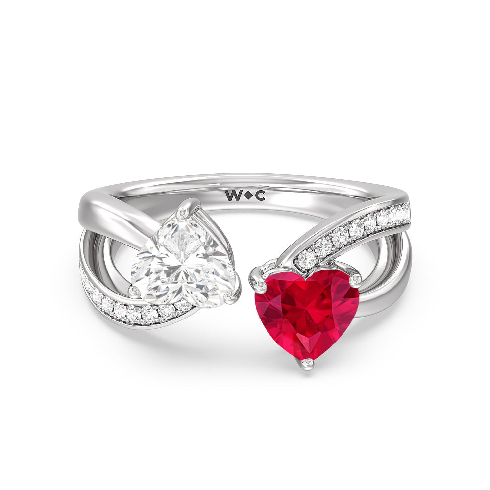 Toi Et Moi Created Ruby & Lab Diamond Heart Engagement Ring with 14KT White Gold Cut Diamond in 14KT White Gold view 1
