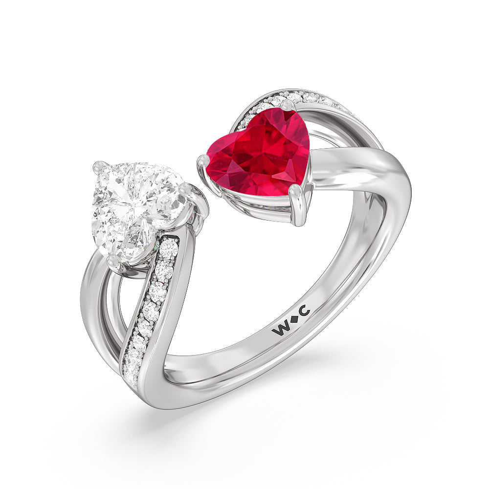 Toi Et Moi Created Ruby & Lab Diamond Heart Engagement Ring with 14KT White Gold Cut Diamond in 14KT White Gold view 2
