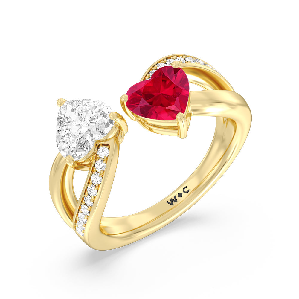 Toi Et Moi Created Ruby & Lab Diamond Heart Engagement Ring with 14KT Yellow Gold Cut Diamond in 14KT Yellow Gold view 2
