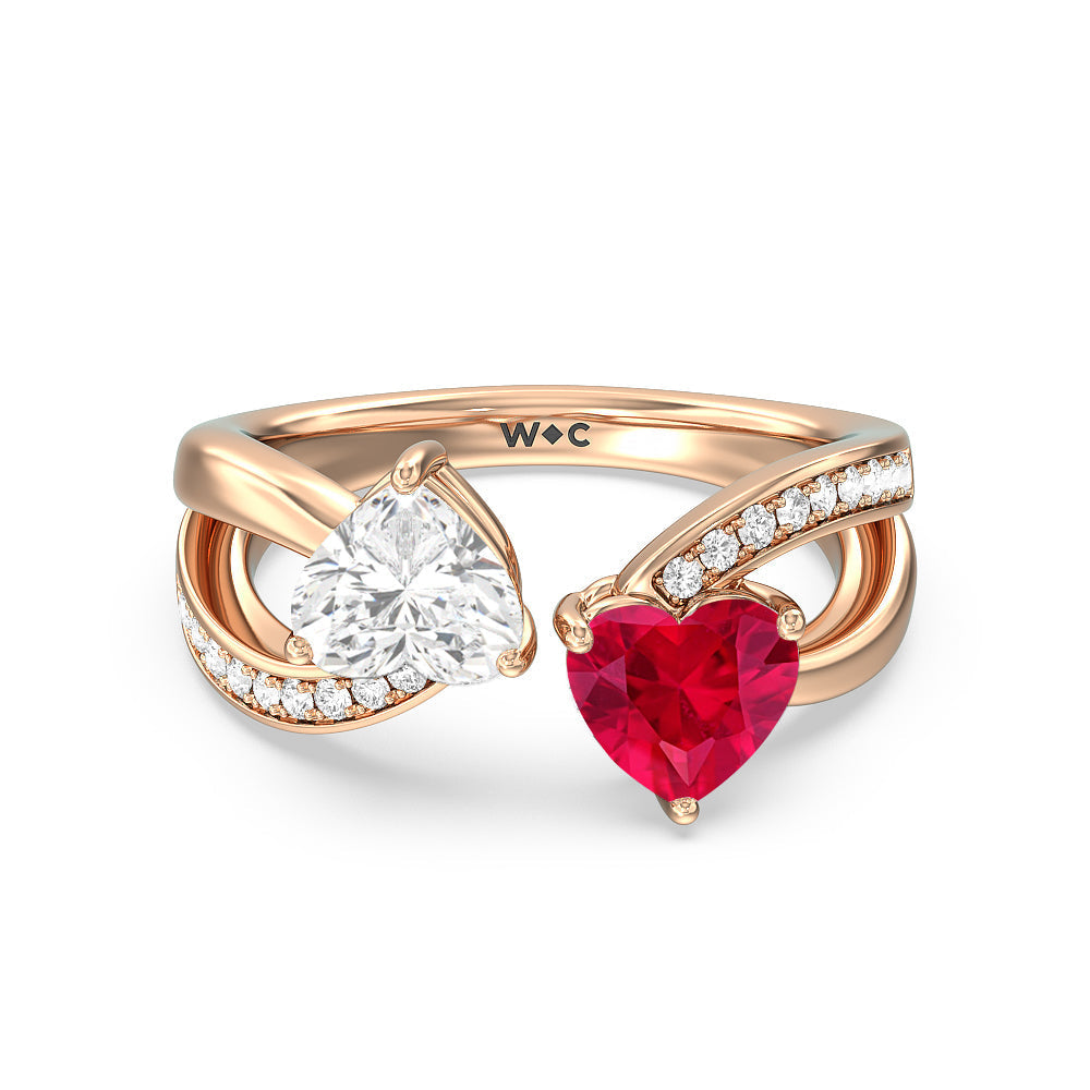 Toi Et Moi Created Ruby & Lab Diamond Heart Engagement Ring with 14KT Rose Gold Cut Diamond in 14KT Rose Gold view 1
