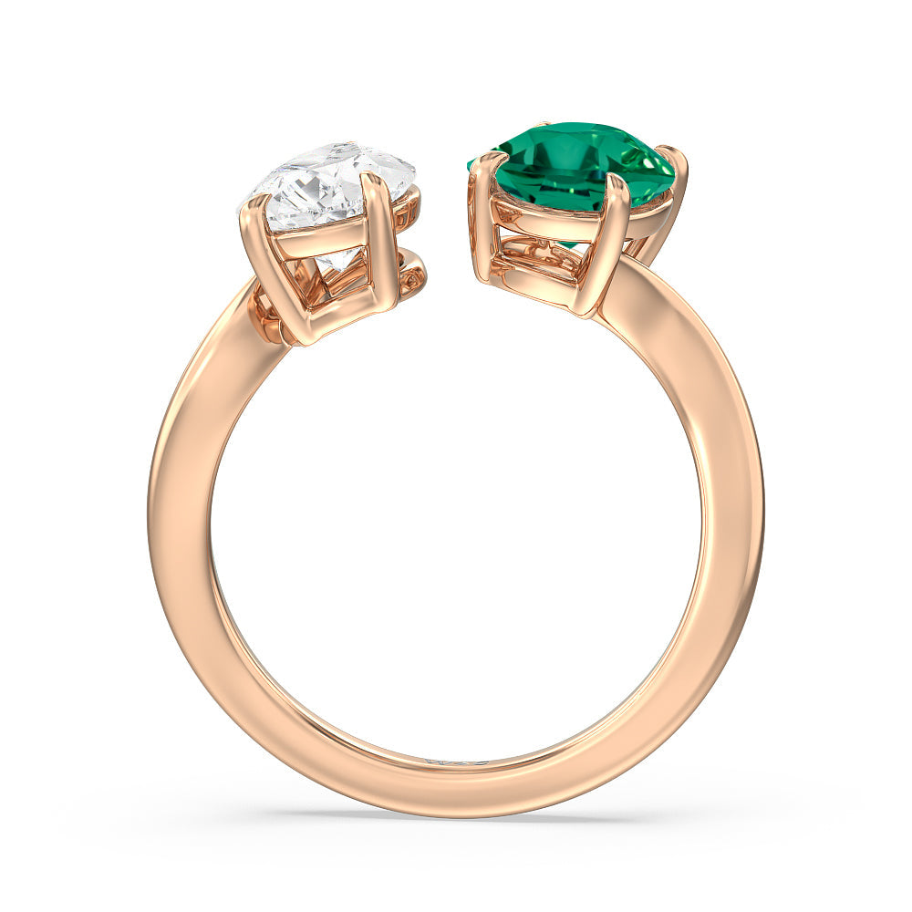 Toi Et Moi Created Emerald Oval and Pear Diamond Curved Engagement Ring with 14KT Rose Gold Cut Diamond in 14KT Rose Gold view 3
