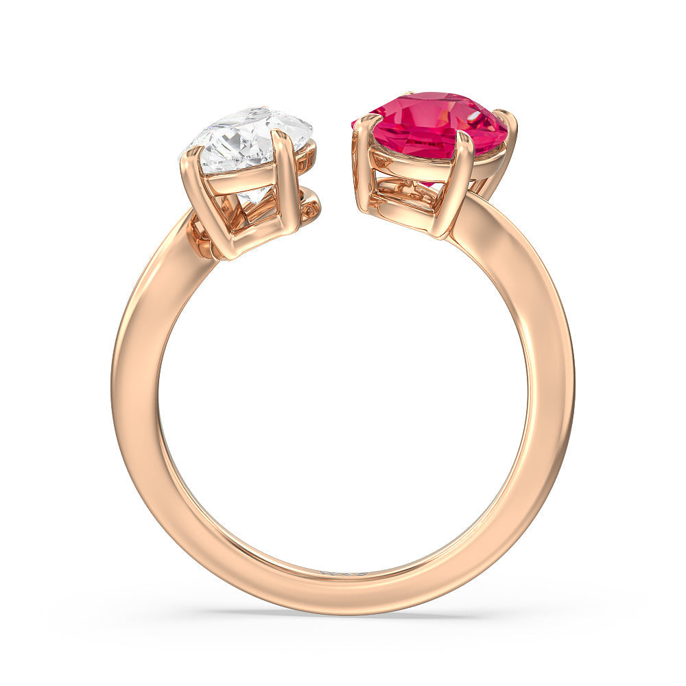 Toi Et Moi Created Ruby Oval and Pear Diamond Curved Engagement Ring with 14KT Rose Gold Cut Diamond in 14KT Rose Gold view 3
