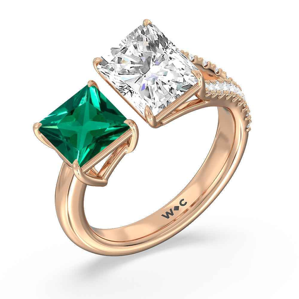 Toi Et Moi Created Emerald Princess and Radiant Diamond Split Shank Engagement Ring with 14KT Rose Gold Cut Diamond in 14KT Rose Gold view 2
