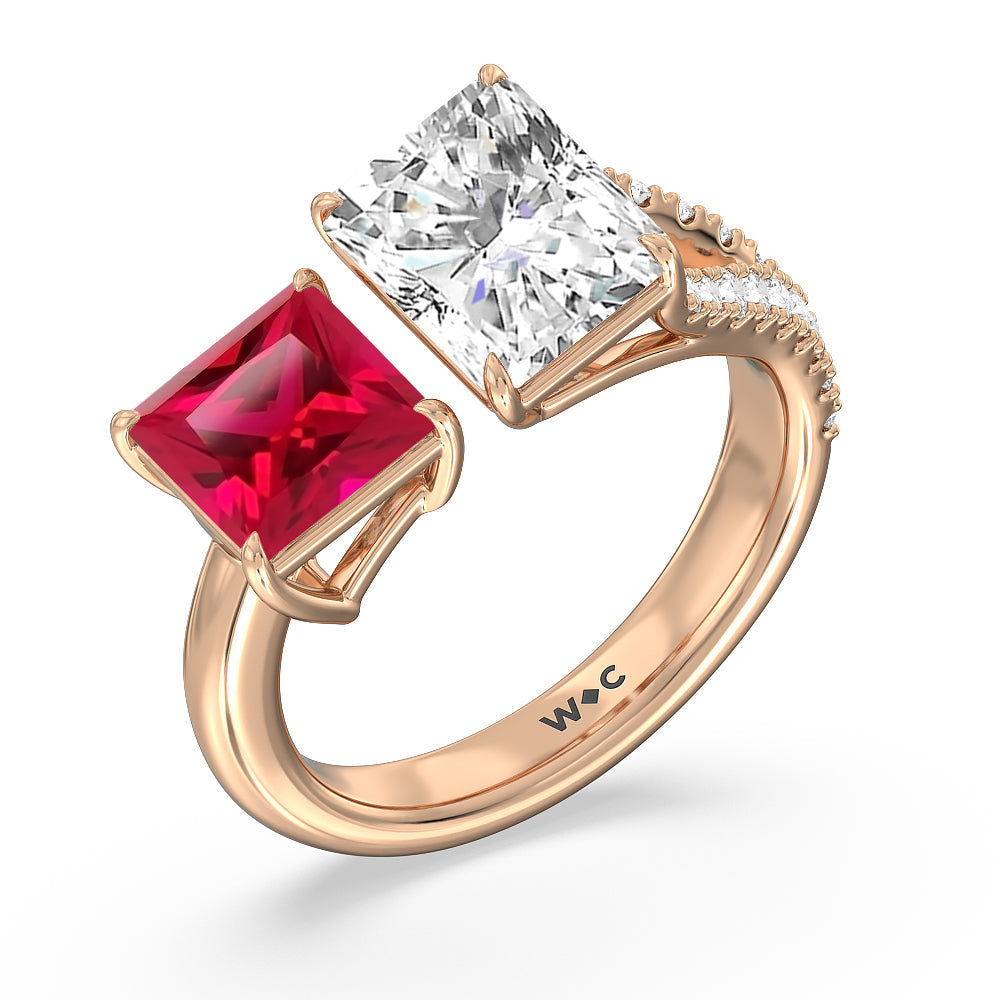 Toi Et Moi Created Ruby Princess and Radiant Lab Diamond Split Shank Engagement Ring with 14KT Rose Gold Cut Diamond in 14KT Rose Gold view 2
