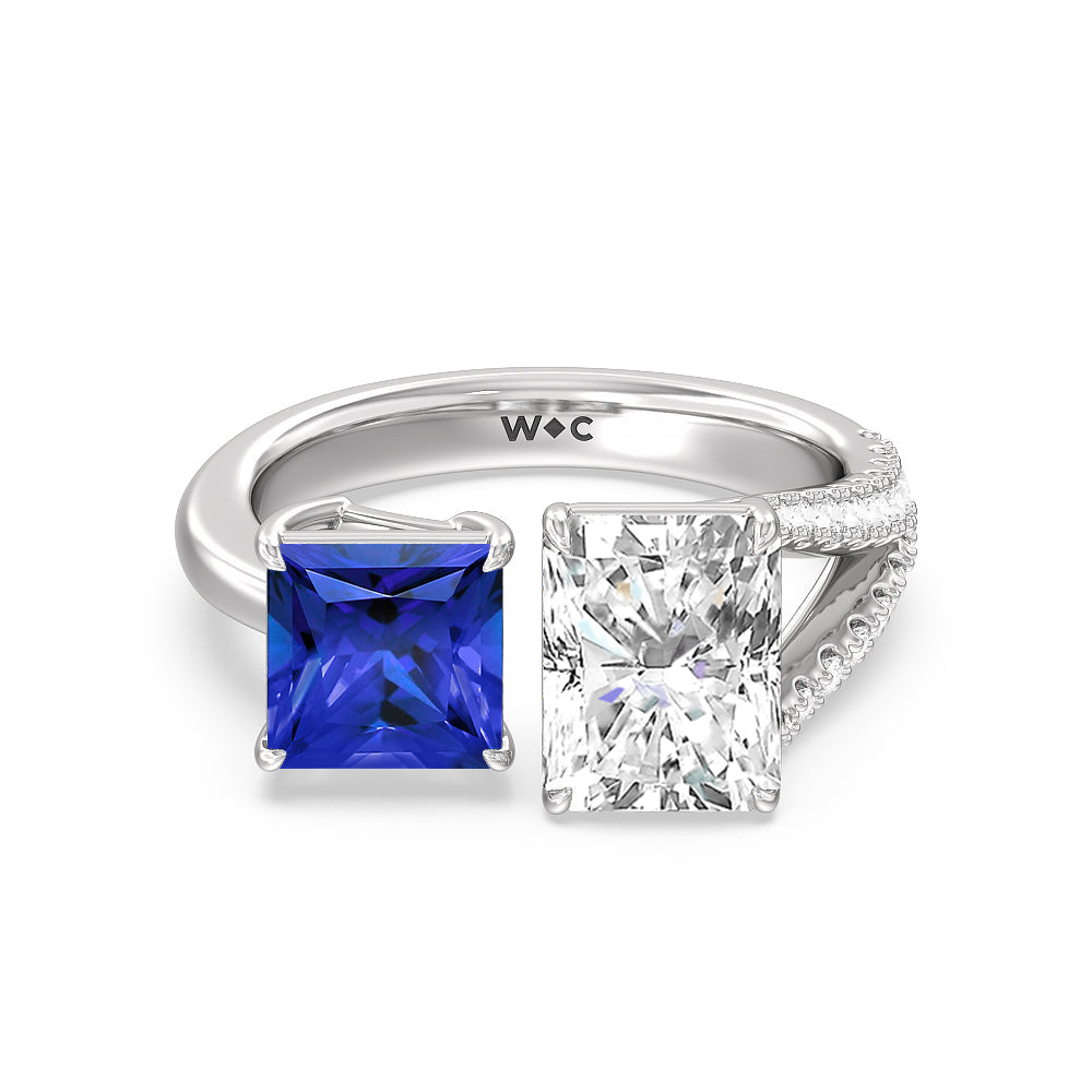 Toi Et Moi Created Sapphire Princess and Radiant Lab Diamond Split Shank Engagement Ring with 14KT White Gold Cut Diamond in 14KT White Gold view 1
