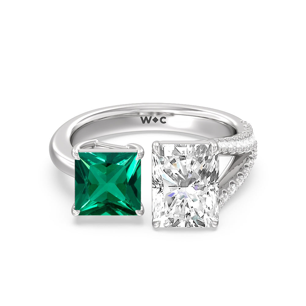 Toi Et Moi Created Emerald Princess and Radiant Diamond Split Shank Engagement Ring with 14KT White Gold Cut Diamond in 14KT White Gold view 1

