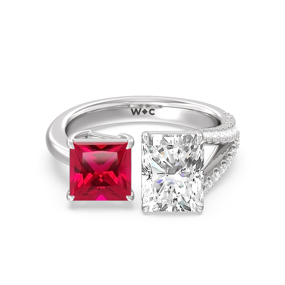 Toi Et Moi Created Ruby Princess and Radiant Lab Diamond Split Shank Engagement Ring with 14KT White Gold Cut Diamond in 14KT White Gold view 1

