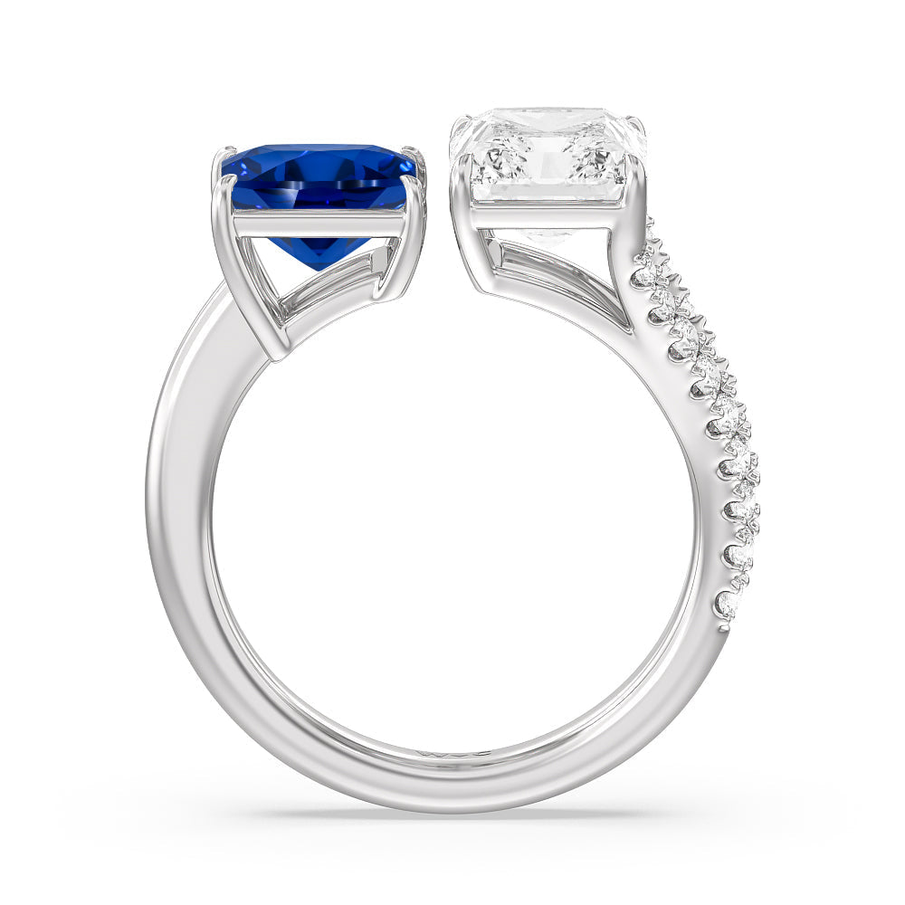 Toi Et Moi Created Sapphire Princess and Radiant Lab Diamond Split Shank Engagement Ring with 14KT White Gold Cut Diamond in 14KT White Gold view 3
