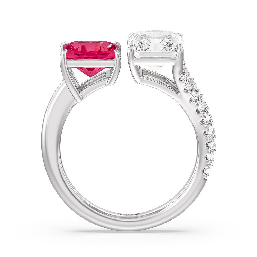 Toi Et Moi Created Ruby Princess and Radiant Lab Diamond Split Shank Engagement Ring with 14KT White Gold Cut Diamond in 14KT White Gold view 3
