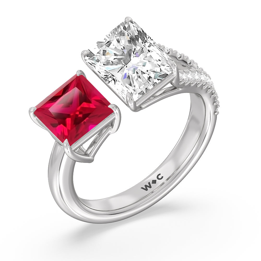 Toi Et Moi Created Ruby Princess and Radiant Lab Diamond Split Shank Engagement Ring with 14KT White Gold Cut Diamond in 14KT White Gold view 2
