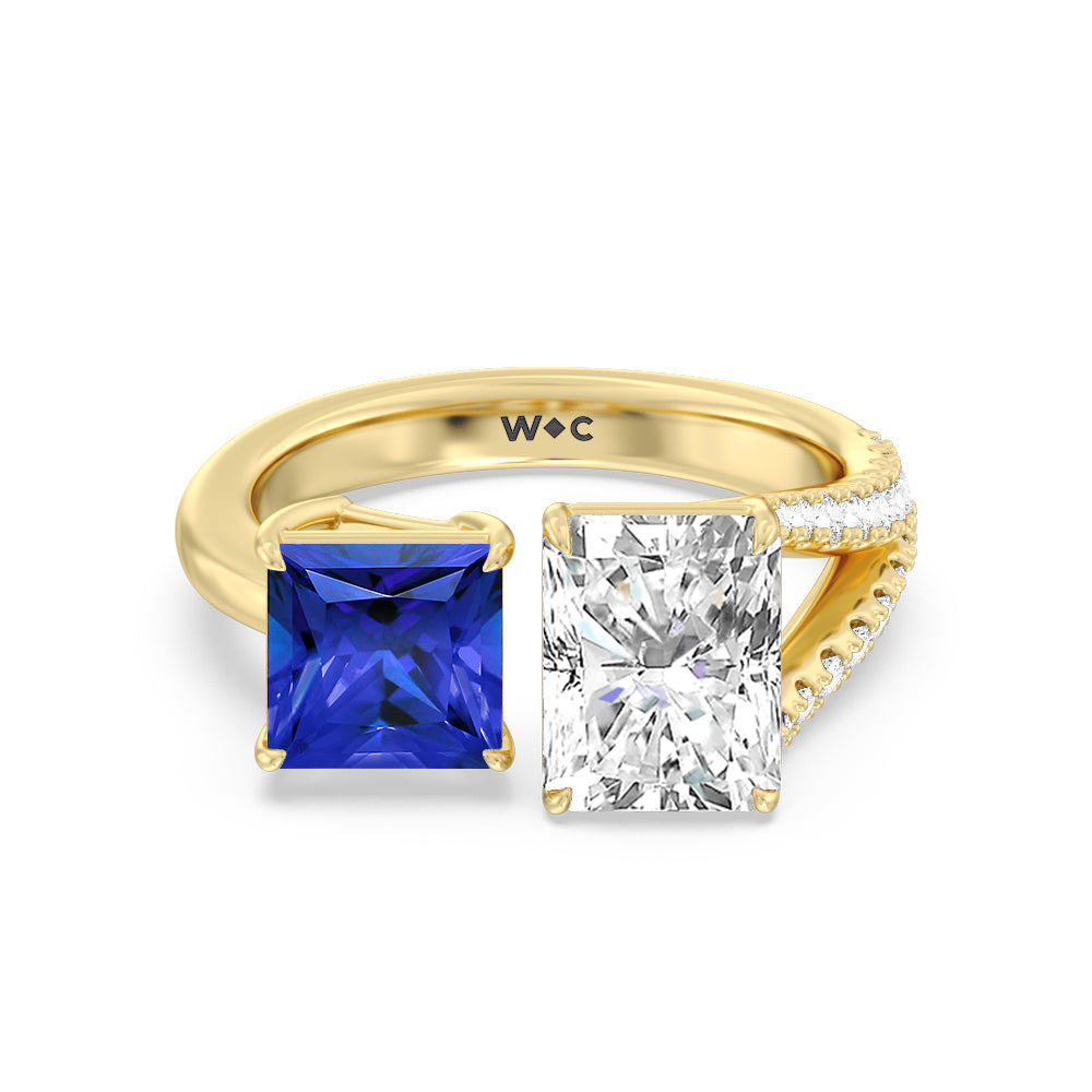 Toi Et Moi Created Sapphire Princess and Radiant Lab Diamond Split Shank Engagement Ring with 14KT Yellow Gold Cut Diamond in 14KT Yellow Gold view 1
