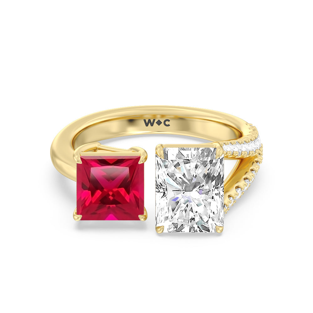 Toi Et Moi Created Ruby Princess and Radiant Lab Diamond Split Shank Engagement Ring with 14KT Yellow Gold Cut Diamond in 14KT Yellow Gold view 1
