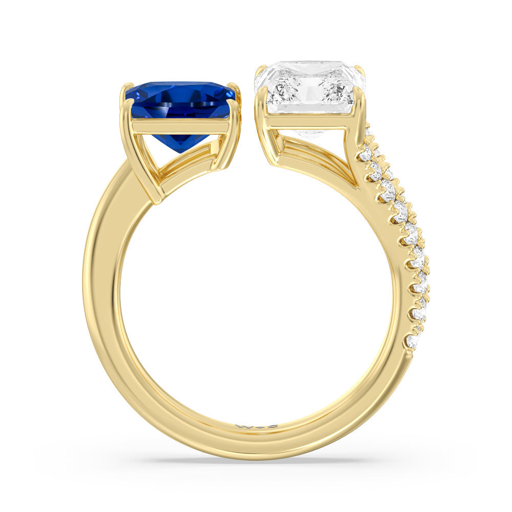 Toi Et Moi Created Sapphire Princess and Radiant Lab Diamond Split Shank Engagement Ring with 14KT Yellow Gold Cut Diamond in 14KT Yellow Gold view 3
