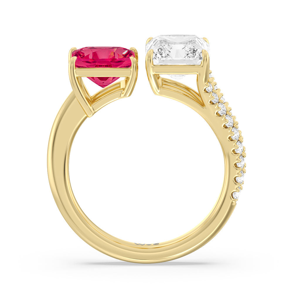 Toi Et Moi Created Ruby Princess and Radiant Lab Diamond Split Shank Engagement Ring with 14KT Yellow Gold Cut Diamond in 14KT Yellow Gold view 3
