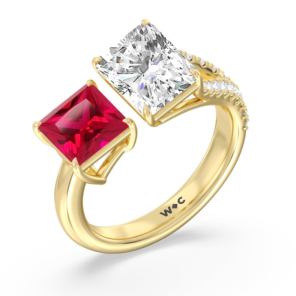 Toi Et Moi Created Ruby Princess and Radiant Lab Diamond Split Shank Engagement Ring with 14KT Yellow Gold Cut Diamond in 14KT Yellow Gold view 2
