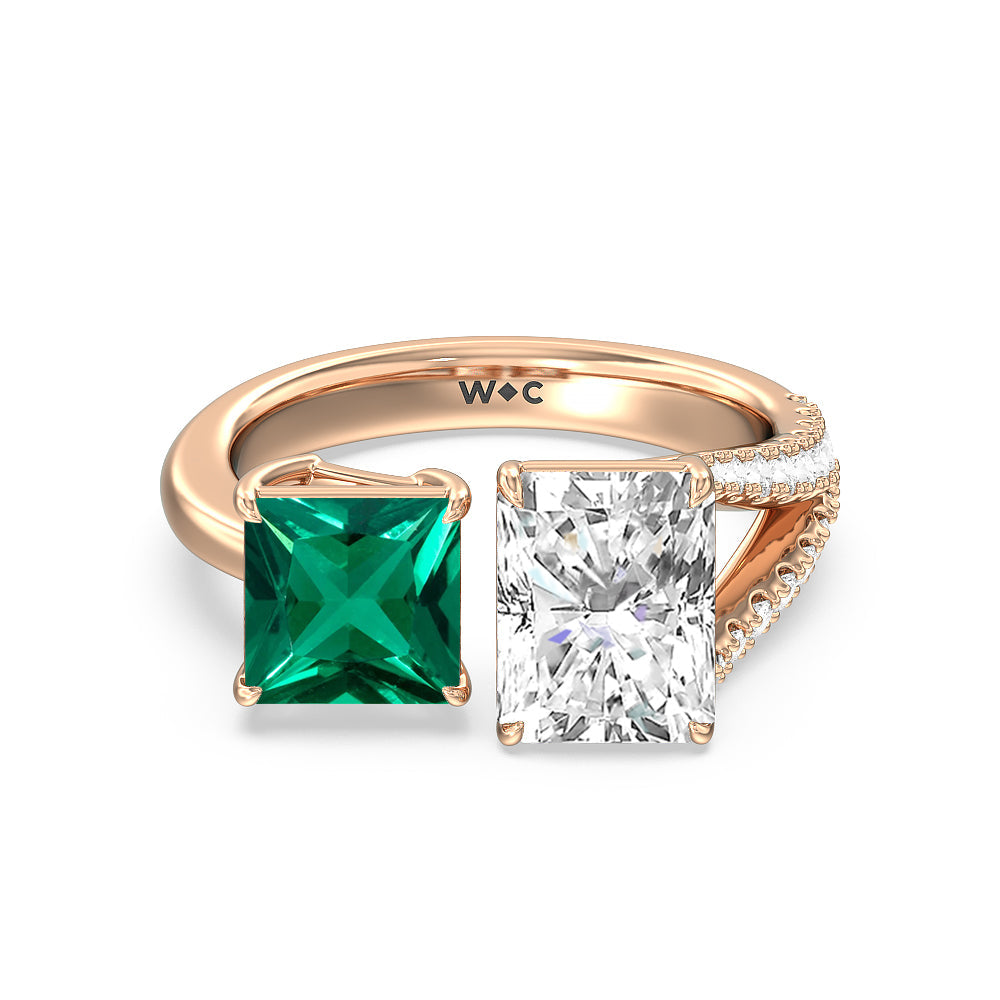 Toi Et Moi Created Emerald Princess and Radiant Diamond Split Shank Engagement Ring with 14KT Rose Gold Cut Diamond in 14KT Rose Gold view 1
