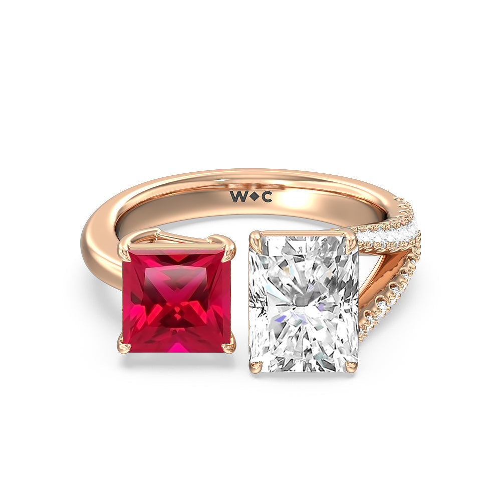 Toi Et Moi Created Ruby Princess and Radiant Lab Diamond Split Shank Engagement Ring with 14KT Rose Gold Cut Diamond in 14KT Rose Gold view 1
