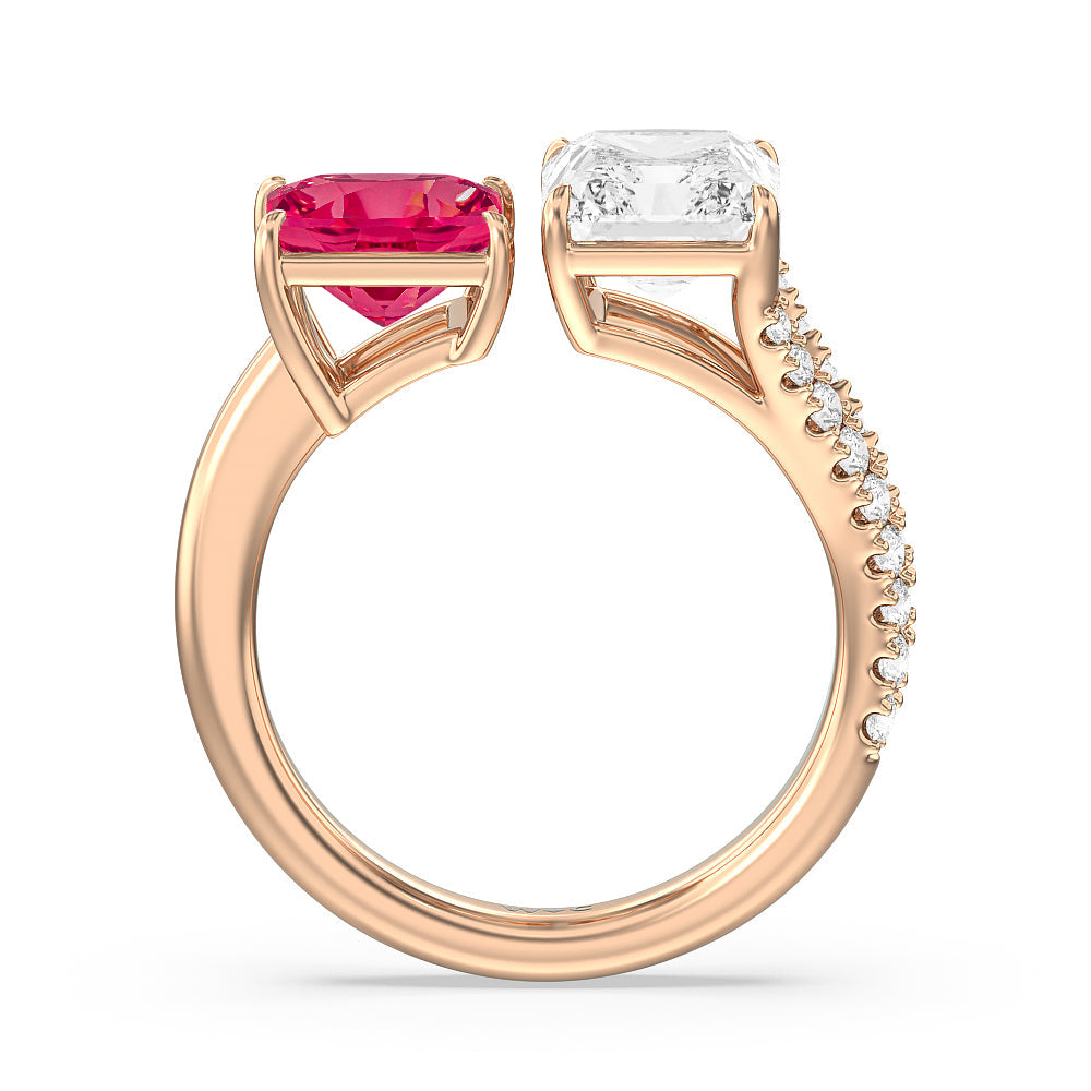 Toi Et Moi Created Ruby Princess and Radiant Lab Diamond Split Shank Engagement Ring with 14KT Rose Gold Cut Diamond in 14KT Rose Gold view 3
