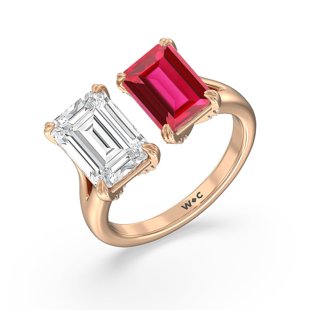 Toi Et Moi Created Ruby and Emerald Diamond Studded Basket Engagement Ring with 14KT Rose Gold Cut Diamond in 14KT Rose Gold view 2
