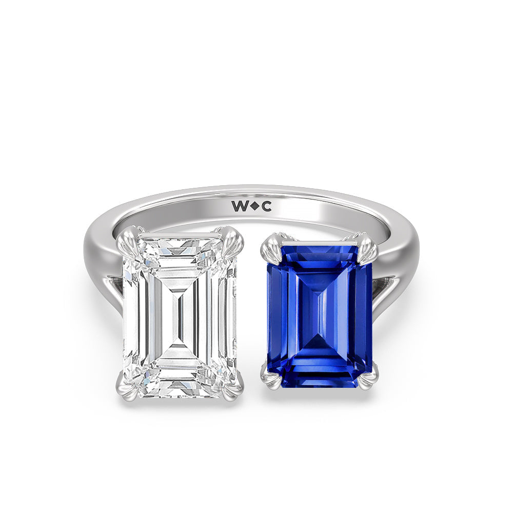 Toi Et Moi Created Sapphire and Emerald Diamond Studded Basket Engagement Ring with 14KT White Gold Cut Diamond in 14KT White Gold view 1

