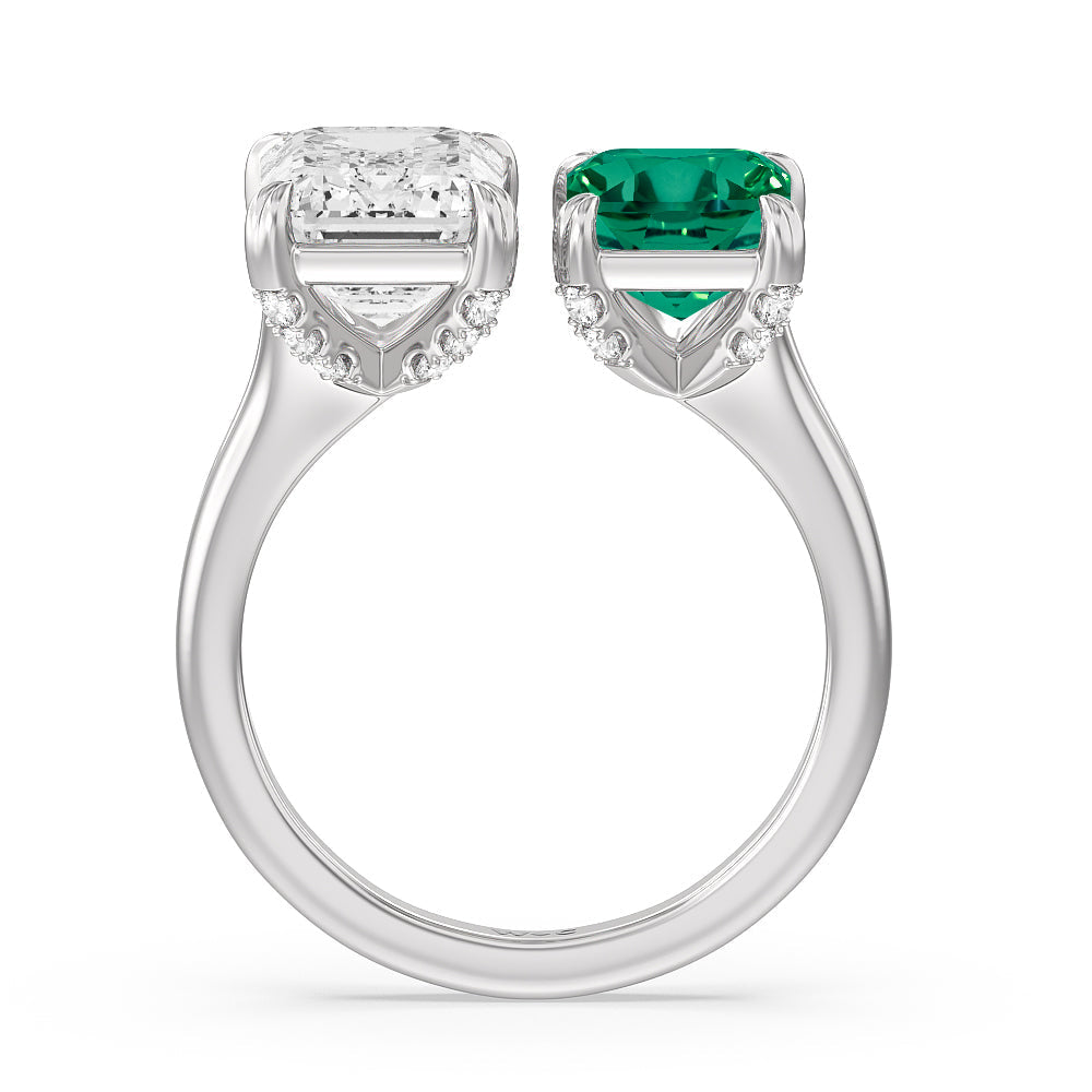 Toi Et Moi Created Emerald and Emerald Shape Diamond Studded Basket Engagement Ring with 14KT White Gold Cut Diamond in 14KT White Gold view 3
