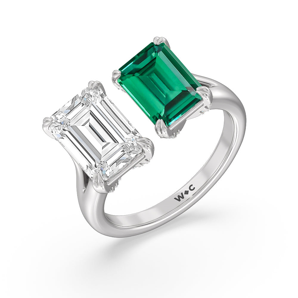 Toi Et Moi Created Emerald and Emerald Shape Diamond Studded Basket Engagement Ring with 14KT White Gold Cut Diamond in 14KT White Gold view 2
