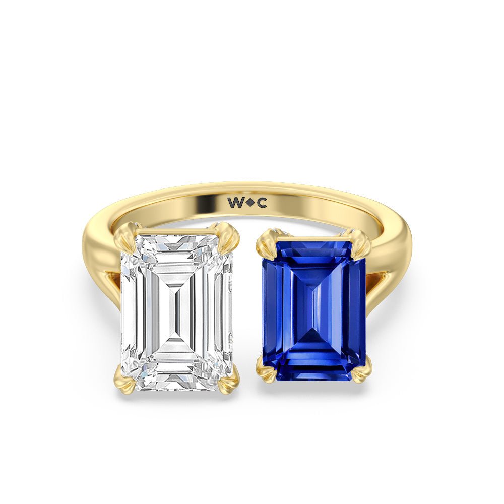 Toi Et Moi Created Sapphire and Emerald Diamond Studded Basket Engagement Ring with 14KT Yellow Gold Cut Diamond in 14KT Yellow Gold view 1
