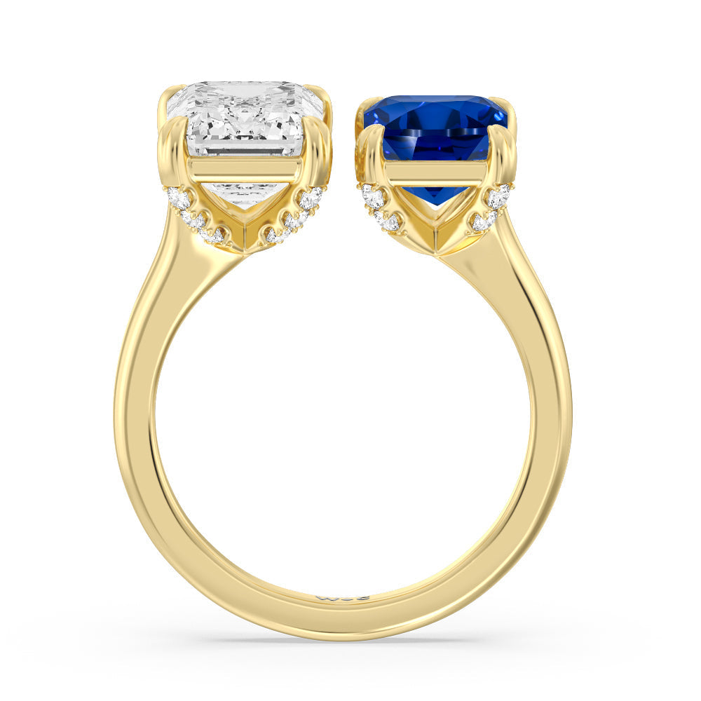 Toi Et Moi Created Sapphire and Emerald Diamond Studded Basket Engagement Ring with 14KT Yellow Gold Cut Diamond in 14KT Yellow Gold view 3
