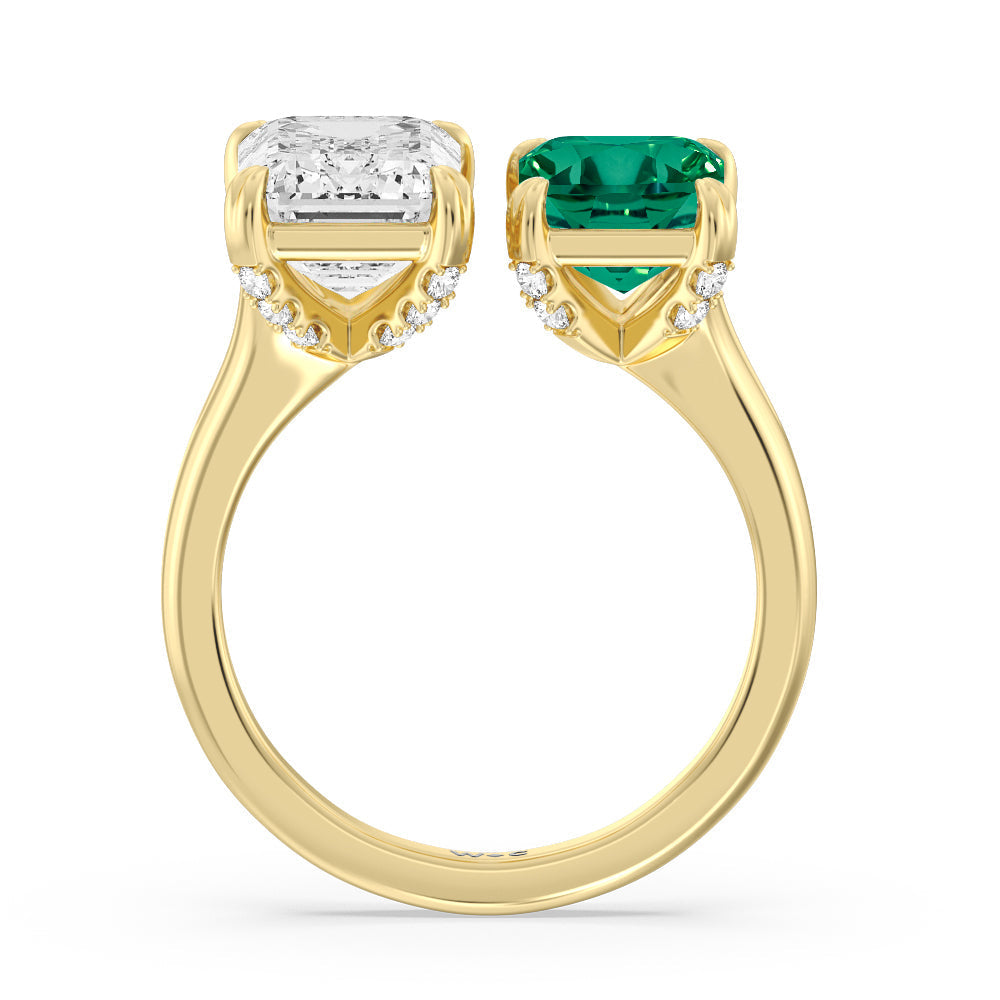 Toi Et Moi Created Emerald and Emerald Shape Diamond Studded Basket Engagement Ring with 14KT Yellow Gold Cut Diamond in 14KT Yellow Gold view 3
