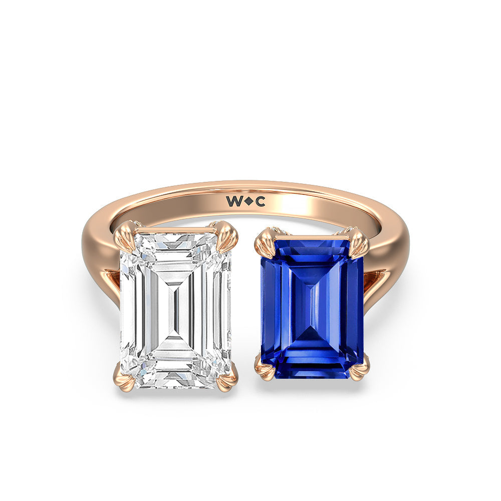 Toi Et Moi Created Sapphire and Emerald Diamond Studded Basket Engagement Ring with 14KT Rose Gold Cut Diamond in 14KT Rose Gold view 1
