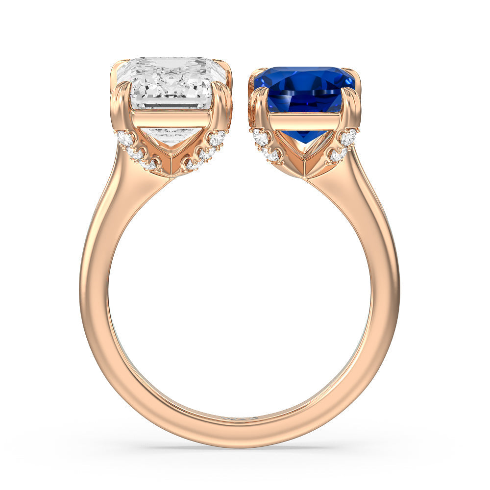 Toi Et Moi Created Sapphire and Emerald Diamond Studded Basket Engagement Ring with 14KT Rose Gold Cut Diamond in 14KT Rose Gold view 3
