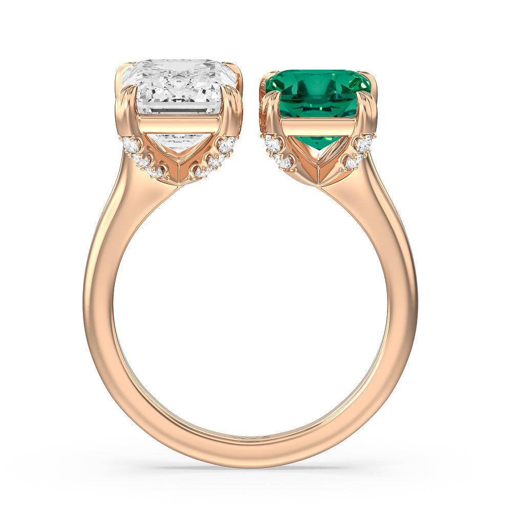 Toi Et Moi Created Emerald and Emerald Shape Diamond Studded Basket Engagement Ring with 14KT Rose Gold Cut Diamond in 14KT Rose Gold view 3
