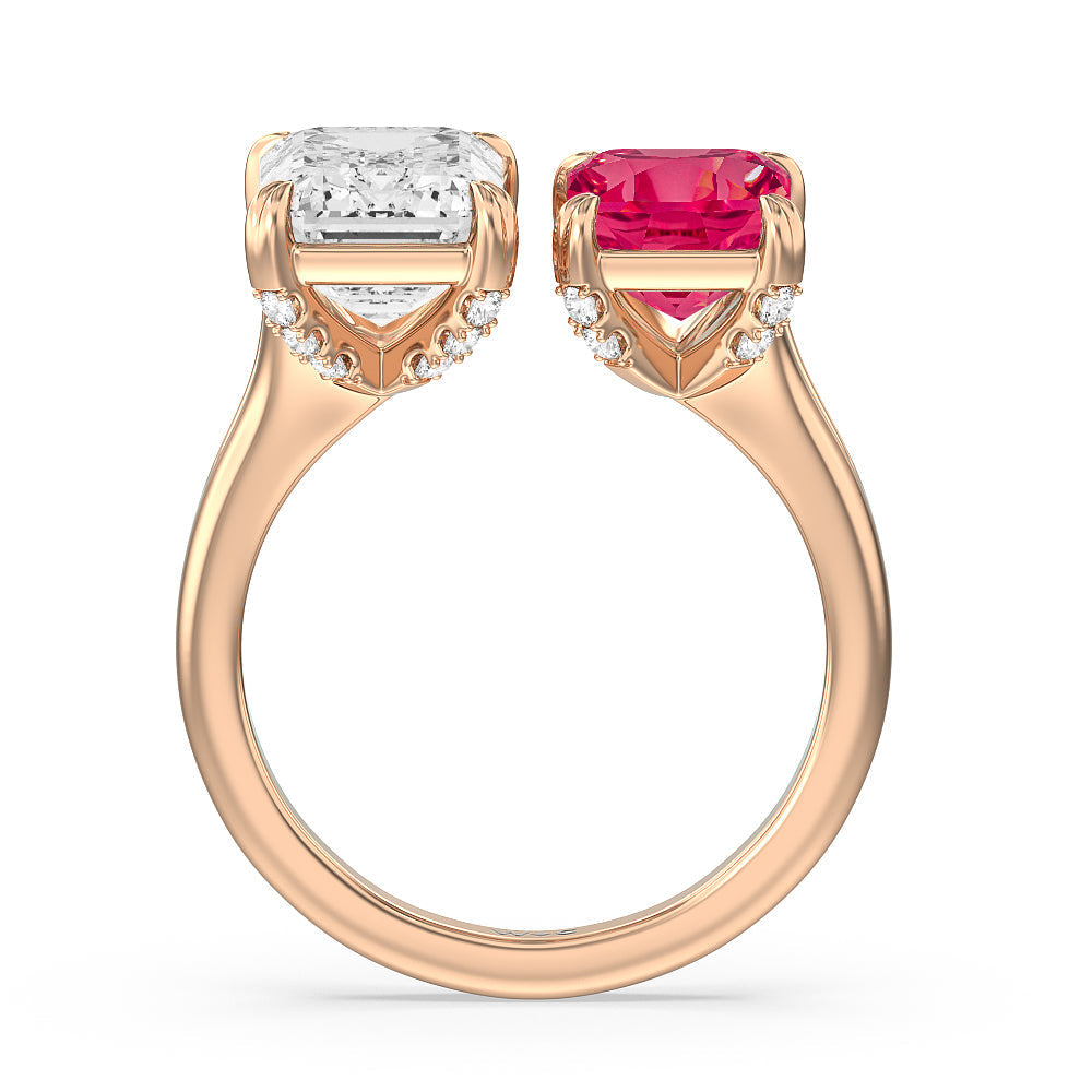 Toi Et Moi Created Ruby and Emerald Diamond Studded Basket Engagement Ring with 14KT Rose Gold Cut Diamond in 14KT Rose Gold view 3
