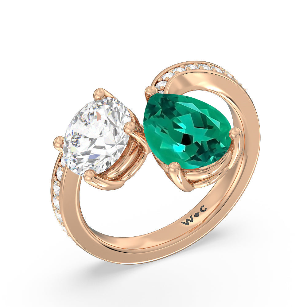 Toi Et Moi Created Emerald pear and round Diamond Engagement Ring with 14KT Rose Gold Cut Diamond in 14KT Rose Gold view 2
