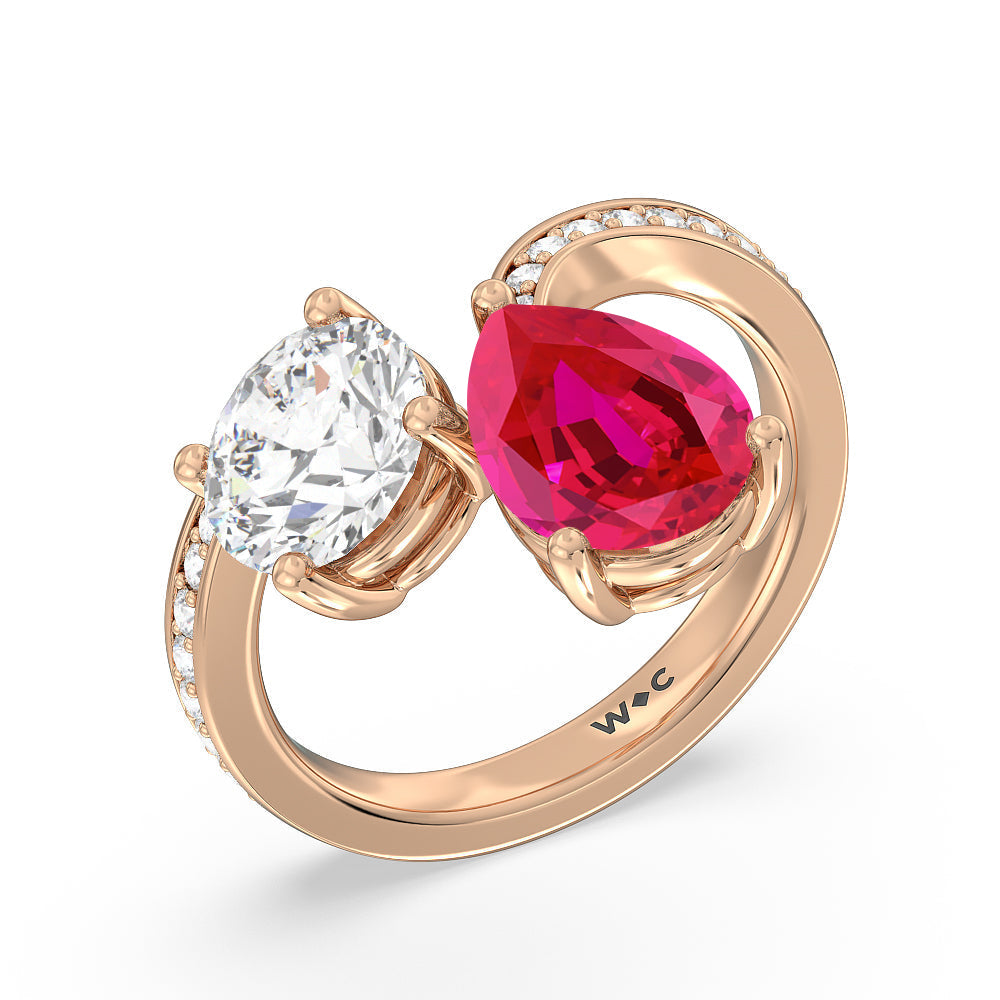 Toi Et Moi Created Ruby pear and round Diamond Engagement Ring with 14KT Rose Gold Cut Diamond in 14KT Rose Gold view 2
