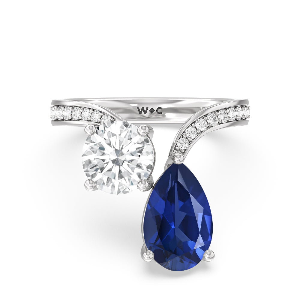 Toi Et Moi Created Sapphire pear and round Diamond Engagement Ring with 14KT White Gold Cut Diamond in 14KT White Gold view 1
