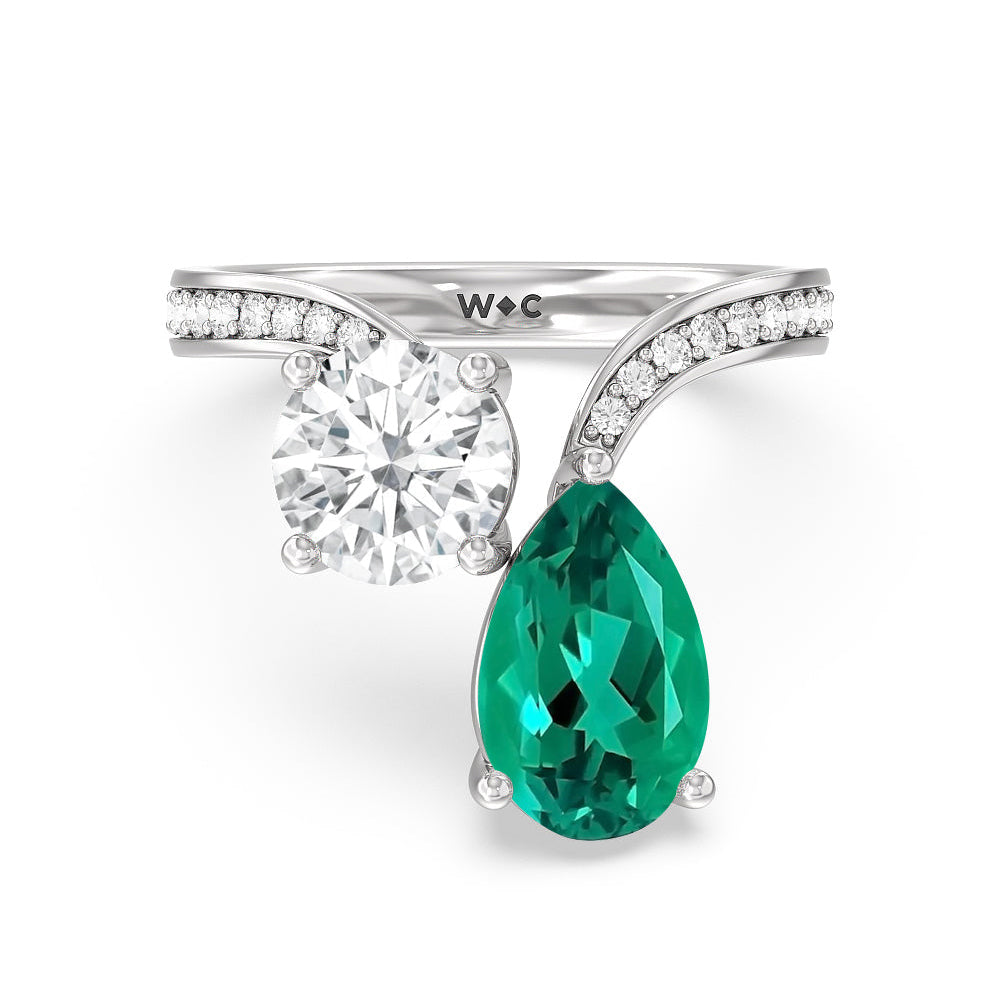Toi Et Moi Created Emerald pear and round Diamond Engagement Ring with 14KT White Gold Cut Diamond in 14KT White Gold view 1
