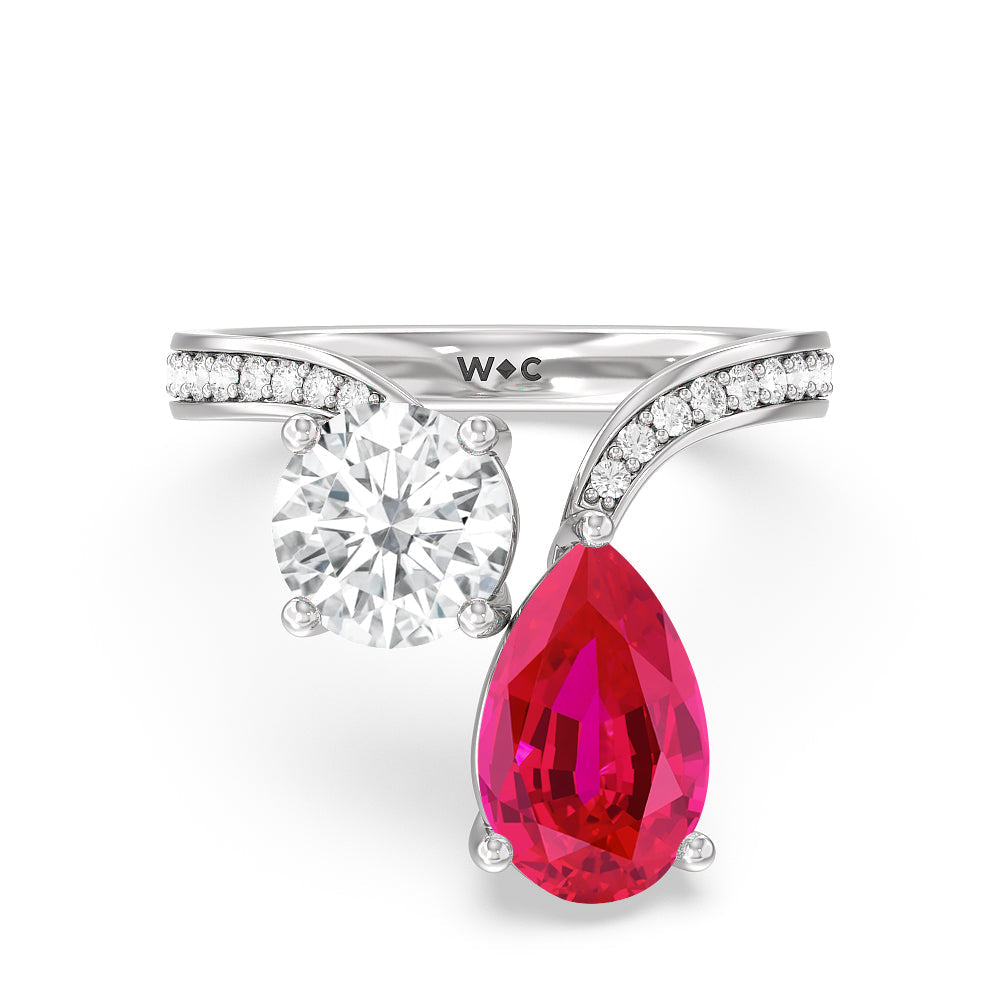 Toi Et Moi Created Ruby pear and round Diamond Engagement Ring with 14KT White Gold Cut Diamond in 14KT White Gold view 1
